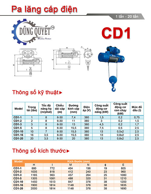 Pa Lăng Cáp Điện CD 1 Tấn - 6 Mét Dùng Cho Công Trình Và Nhà Xưởng